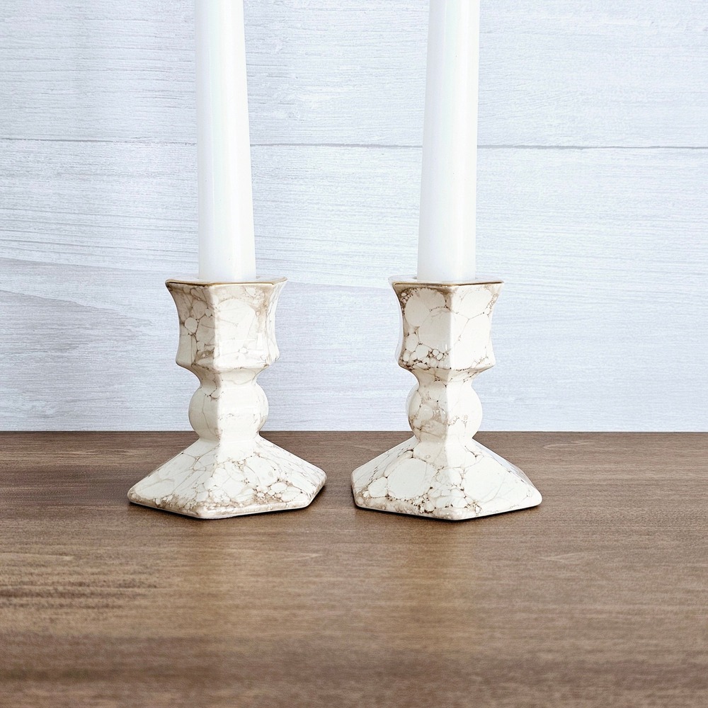 Vintage PartyLite Set of 2 Tan Gold And Beige Marble Look Candlestick Holders